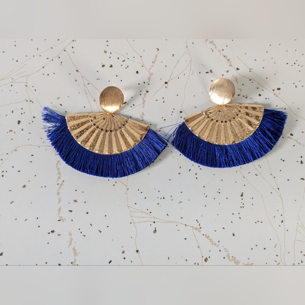 Gold and Blue Fan Statement Earrings
